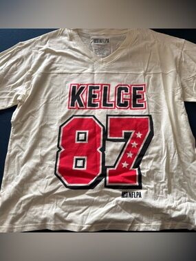 NFLPA Women's V-Neck 'Kelce' Jersey - winter White w/Black & Red Print #87